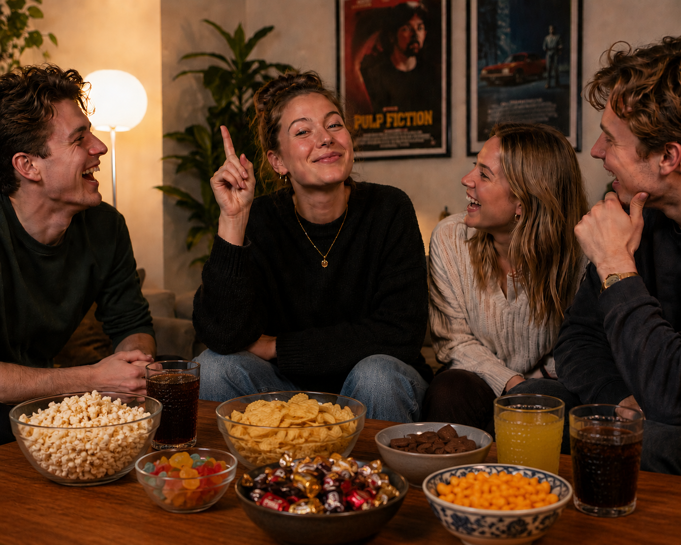 Friends laughing around a table covered in snacks while playing a NeedNot AB game